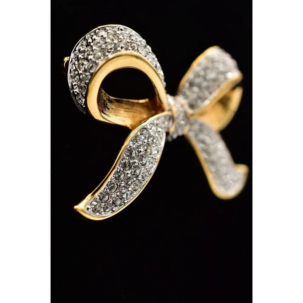 Swarovski Vintage Crystal Bow Pin Brooch Gold Pave Rhinestone Swan Signed BinBG